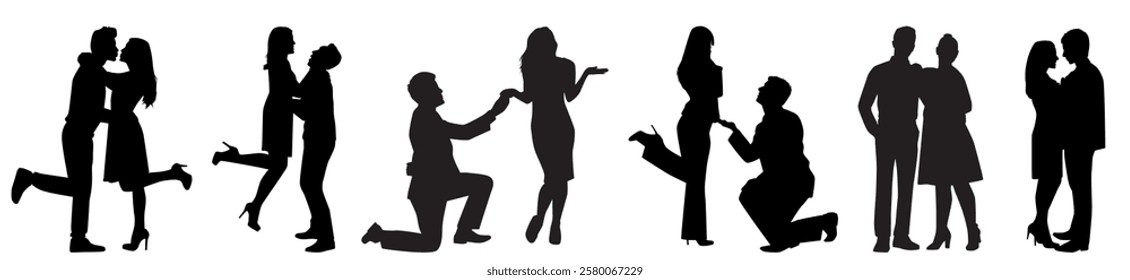 Set of couple in various poses silhouettes collection. 