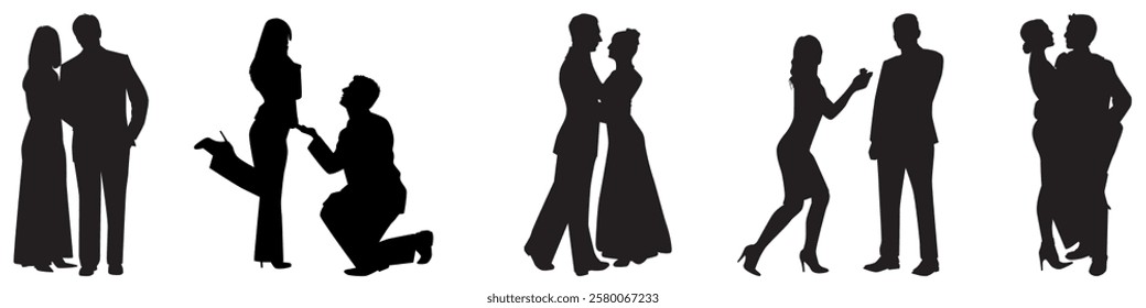 Set of couple in various poses silhouettes collection. 