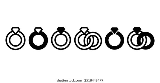 set of couple wedding engagement ring with diamond icon symbol sign vector design simple flat black white color illustration 