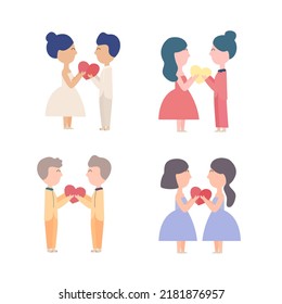 Conjunto de parejas con traje de boda. Amo casado. Día de San Valentín. Invitación a la boda. Caricatura