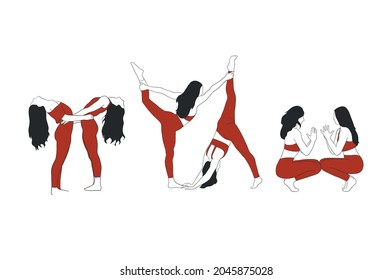 Set of couple women practice yoga. Asana. Healthy lifestyle. Hand drawn outline control female silhouette. 
