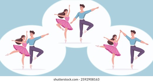 Set with couples of ballerina man and woman dancing on white background. Poster, Banner, Flyer, Greeting Card. Vector illustration in flat cartoon style