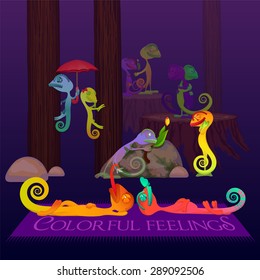 Set of couples chameleons in the forest. The composition of colorful characters. Could be the original card, the recognition of the feelings or invitation