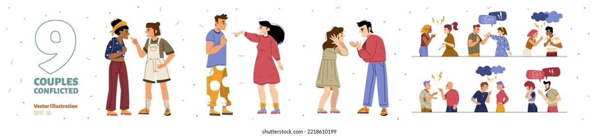 Set of couples conflict, quarrel, angry people swear and argue. Male and female characters scandal, arguing. Homosexual and heterosexual pairs yell, spousal abuse, Line art flat vector illustration