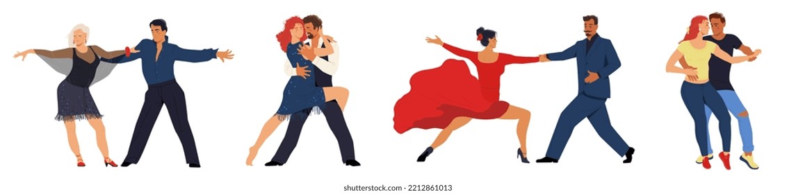 Set of couples dancing different latin dances. Men and women move to music and perform bachata, tango, salsa or rumba in beautiful costumes. Cartoon flat vector collection isolated on white background