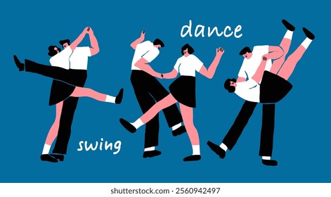 Set of Couples Dancing Swing. Cartoon characters. Abstract people with small heads in dance movement. Dating, love, relationship, flirting, fun, passion concept. Hand drawn Vector illustration