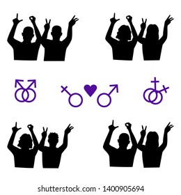 Set couples of different sexual orientation (lesbian, gay, straight, bi) black silhouettes with purple male and female signs on white BG. Hands made up the word "Love"