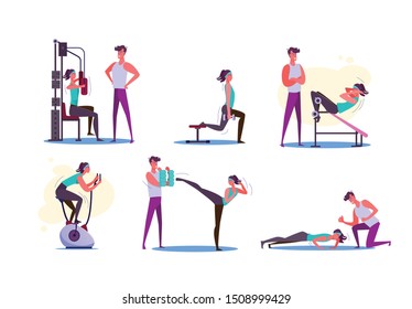 Set of couples exercising. Men and women doing sport in gym. Sport concept. Vector illustration can be used for presentation, project, webpage