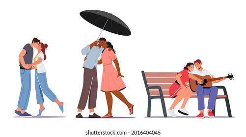 Set of Couples in Fall Love. Loving Man and Woman Kiss under Umbrella, Holding Hands, Boyfriend Singing Song, Playing on Guitar to Girlfriend Sitting on Bench. Cartoon People Vector Illustration