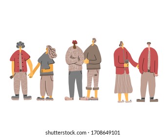 Set of couples. Family members. Friends holding hands, standing together. People group. Vector illustartion.
