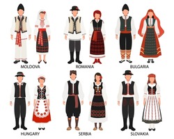 A Set Of Couples In Folk Costumes Of European Countries. Moldova, Romania, Bulgaria, Serbia, Hungary, Slovakia. Culture And Traditions. Illustration, Vector