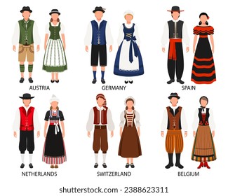 A set of couples in folk costumes of European countries. Austria, Germany, Spain, the Netherlands, Belgium, Switzerland. Culture and traditions. Illustration, vector