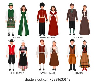 A set of couples in folk costumes of European countries. Ireland, Iceland, Great Britain, the Netherlands, Belgium, Switzerland. Culture and traditions. Illustration, vector