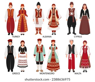 A set of couples in folk costumes of European countries. Türkiye, Albania, Montenegro, Greece, Cyprus, Malta. Culture and traditions. Illustration, vector