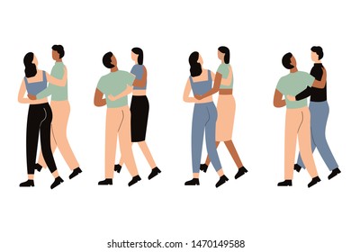 Set of couples or friends are hugging and looking at each other while walking. Two people hugging. Flat vector isolated illustration