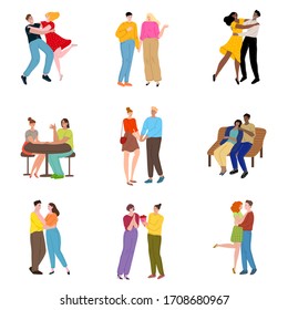 Set of couples and friends meeting in different places vector illustration