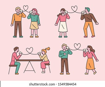 A set of couples having a love conversation with a romantic paper cup phone. flat design style minimal vector illustration.