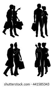 A Set Of Couples Holding Bags Happily Shopping At Retail Shops, In Silhouette
