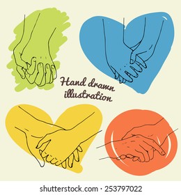 set of couples holding hands, vector hand drawn illustration