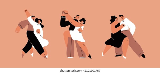 Set of Couples hugging and Dancing. Cartoon characters. Abstract people with small heads in dance movement. Dating, love, relationship, flirting, fun, passion concept. Hand drawn Vector illustration