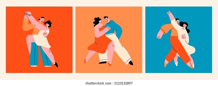 Set of Couples hugging and Dancing. Cartoon characters. Abstract people with small heads in dance movement. Dating, love, relationship, flirting, fun, passion concept. Hand drawn Vector illustration