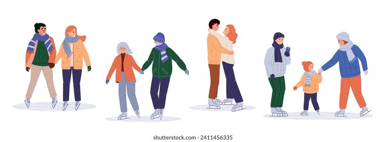 Set of couples ice skating, winter sport activity, flat vector illustration isolated on white. Couple and families in warm clothes on holiday, weekend on ice rink, winter vacation, outdoor activity