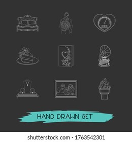 Set of couples icons line style symbols with boyfriend, greeting card, piece of cake and other icons for your web mobile app logo design.