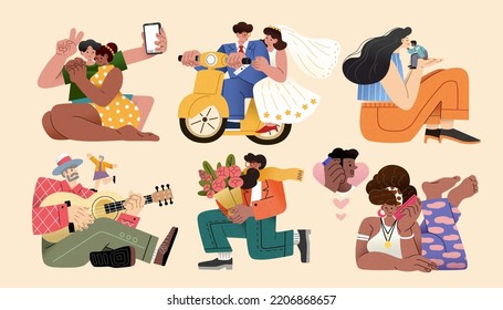 Set of couple's interactions with their partners in flat design. Illustrations include taking selfie, riding on a scooter, holding chin, playing guitar, proposing with bouquet, and making call.