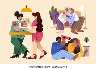 Conjunto de interacciones de la pareja con sus parejas en diseño plano. Las ilustraciones incluyen tumbarse en el sofá de casa, secar el pelo largo de la novia y alimentar la comida