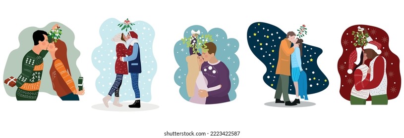 Set of couples kissing under mistletoe branch on white backgroun