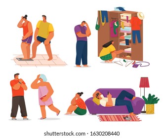 Set of couples living together. Man and woman in quarrel not talking to each other. People late for event. Wardrobe stuffed with clothes of female. Male joking on girlfriend. Vector in flat style