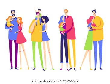 Set of the couples in love. Families with children. Characters in flat style