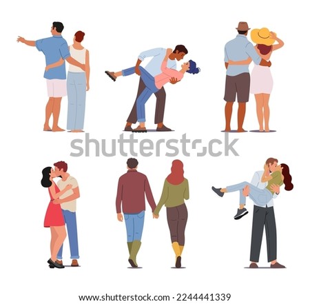 Set of Couples in Love, Happy Enamored Male and Female Characters Hugging, Walking, Dance and Kissing, Holding Hands. Romantic Dating, Sparetime of Loving People. Cartoon Vector Illustration