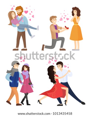 Set of couples in love hugging, dancing tango, giving presents and walking in warm winter cloth vector illustration cartoon characters in Valentines day