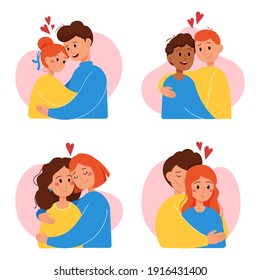 Set of couples in love hugging isolated on white background. Vector illustration for Valentine's day greeting card