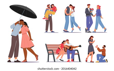 Set Couples in Love. Loving Man and Woman Kiss under Umbrella, Girl Getting Flower Bouquet, Proposal, Boyfriend Singing Song, Playing on Guitar, Carry Girl on Hands. Cartoon People Vector Illustration