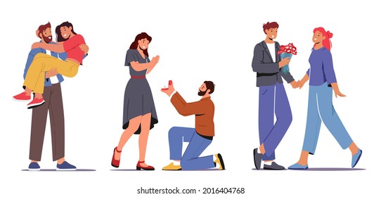 Set Couples in Love. Loving Relations, Togetherness. Man and Woman Proposal, Ring Engagement. Girl Getting Flower Bouquet, Boyfriend Carry Girl on Hands, Pair Sparetime. Cartoon Vector Illustration