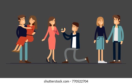 Set couples in love. Man and woman embracing each other affectionately. Characters for the feast of Saint Valentine. Vector illustration in cartoon style