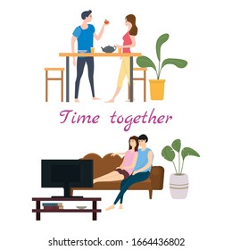 Set of couples in love on daily life or everyday routine scenes of young romantic relationship. Spending time or relaxing together - drinking tea or coffee, eating, watching TV. Male female characters