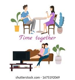 Set of couples in love on daily life or everyday routine scenes of young romantic relationship. Spending time or relaxing together - drinking tea or coffee, eating, watching TV. Male female characters