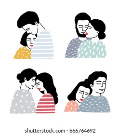 Conjunto de parejas enamoradas. Retratos de un tipo y una chica cariñosas. Colección de abrazos y besos. Dibujo vectorial colorido al estilo de las caricaturas.