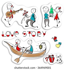 set of couples in love in sketch style. Adorable hand drawn girlfriend and boyfriend in boat, playing the guitar. Love story, different situations. Womans day on the 8-th of March.Vector illustration