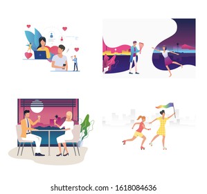 Set of couples on romantic dates. Flat vector illustrations of people flirting and expressing feelings. Romantic evening, dating concept for banner, website design or landing web page