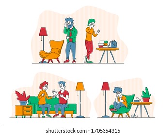 Set of Couples Quarrel, Husband and Wife Characters Scandal, Family Relations. Domestic Violence and Spousal Abuse. Young People Swear at Home, Aggressive Man Yell on Woman. Linear Vector Illustration - Shutterstock ID 1705354315