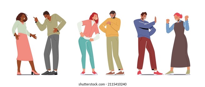 Set Couples Quarrel, Husband and Wife Characters Scandal, Family Relations. Domestic Violence, Spousal Abuse. Young People Swear at Home, Aggressive Man and Woman Yelling. Cartoon Vector Illustration