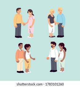 set of couples, romantic and happy couples, hugging and kissing vector illustration design