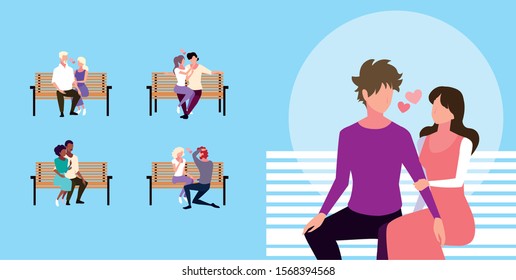 set of couples sitting in the park chair vector illustration design