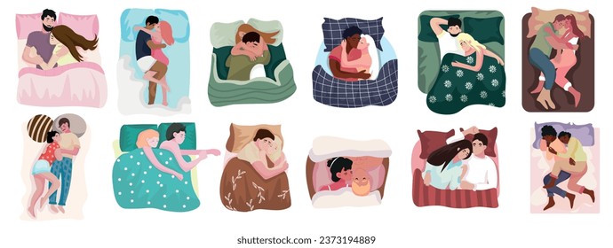 Set of couples sleeping in bed on white background, top view