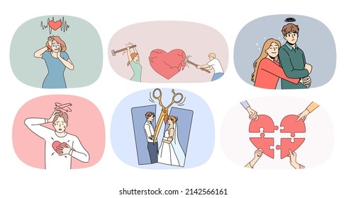 Set of couples suffer from relationships problems. Collection of men and women struggle with relations troubles, think of breakup or divorce. Marriage dissolution. Vector illustration. 