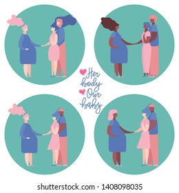 Set of Couples with Surrogate Pregnant woman.  Vector illustration flat cartoon style with hand drawn lettering. Adoptive parents. Surrogacy. EPS10